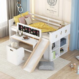 Wood Twin Size Loft Bed with Slide, Cabinets, Blackboard, Desk and Chair, White GX001610AAK