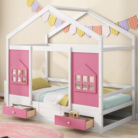 Twin Size Wood House Bed with 2 Drawers and Window Decoration, White+Pink