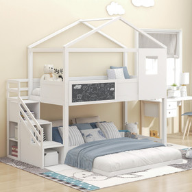Twin Over Full House Bunk Bed with Storage Staircase and Blackboard, White Gx001701Aak