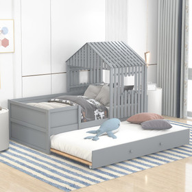 Twin Size House Low Loft Bed with Trundle, Gray Gx001805Aae