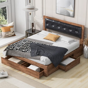Queen Size Wood Platform Bed with Upholstered Headboard and 4 Drawers GX001816AAD