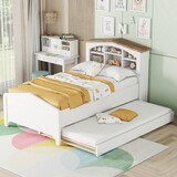 Twin Size Wood Platform Bed with House-shaped Storage Headboard and Trundle, White GX001817AAE
