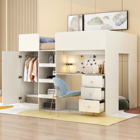 Wood Full Size Loft Bed with Built-in Wardrobe, Desk, Storage Shelves and Drawers, Beige