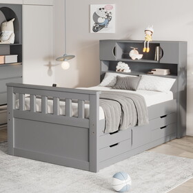 Twin Size Captain Platform Bed Frame with Storage Bookcases and Shelves,Four Drawers, Gray GX001828AAE