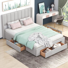 Queen Size Upholstered Platform Bed with One Large Drawer in the Footboard and Drawer on Each Side,Beige