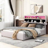Queen Size Upholstered Platform Bed with Storage Headboard, LED, USB Charging and 2 Drawers, Beige GX001912AAA