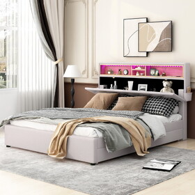 Queen Size Upholstered Platform Bed with Storage Headboard, LED, USB Charging and 2 Drawers, Beige GX001912AAA