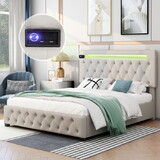 Queen Size Storage Upholstered Platform Bed, Adjustable Headboard Featured with Bluetooth Audio, LED Light and USB Charging, Beige GX001913AAA