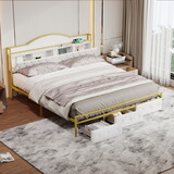 Metal Platform Bed with 3 drawers, Storage Headboard, King, Gold