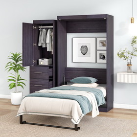 Twin Size Murphy Bed with Wardrobe and Drawers, Storage Bed, Can be Folded Into a Cabinet, Gray