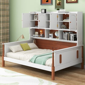 Twin Size Platform Bed with Multiple Storage, White+Walnut GX002014AAK