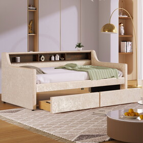 Twin Size Snowflake Velvet Daybed with Two Storage Drawers and Built-in Storage Shelves,Beige GX002019AAA