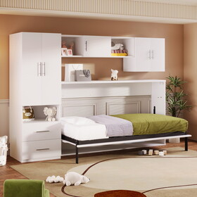 Twin Size Murphy Bed with Open Shelves and Storage Drawers,Built-in Wardrobe and Table, White GX002022AAK