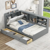 Wood Twin Size platform bed with Storage Headboard, Shelves and 2 Drawers, Gray GX002031AAE