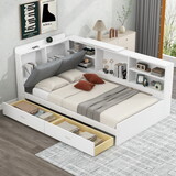 Wood Twin Size platform bed with Storage Headboard, Shelves and 2 Drawers, White GX002031AAK