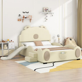 Full size upholstered platform bed with piglet shape headboard and children's slide, Beige