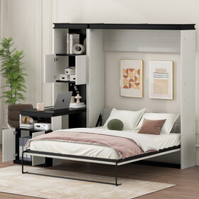 Full Size Murphy Bed with Desk and Storage Shelves and Cabinets, Black+White GX002042AAE