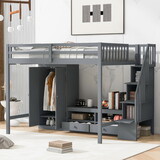 Full Size Loft Bed Frame with Wardrobe,Low Storage Table and Storage Staircase,Gray