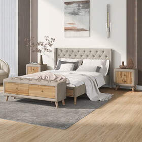 4-Pieces Bedroom Sets Queen Size Upholstered Platform Bed with Two Nightstands and Storage Bench-Beige