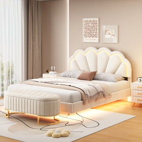 2-Pieces Bedroom Sets,Queen Size Upholstered LED Platform Bed with Storage Ottoman-Velvet,Beige
