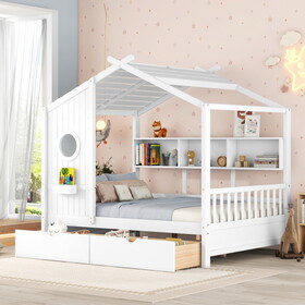 Wooden Full Size House Bed with 2 Drawers, Kids Bed with Storage Shelf, White HL000051AAE