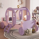 Twin size Princess Carriage Bed with Crown,Wood Platform Car Bed with Stair,Purple+Pink