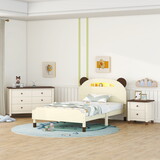 3-Pieces Bedroom Sets Twin Size Bear-Shape Platform Bed with Nightstand and Storage dresser,Cream+Walnut