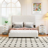3-Pieces Bedroom Sets, Full Size Upholstered Platform Bed with Two Nightstands, Nightstands with Marbling Worktop and Metal Legs&Handles, Velvet,Beige HL000072AAA