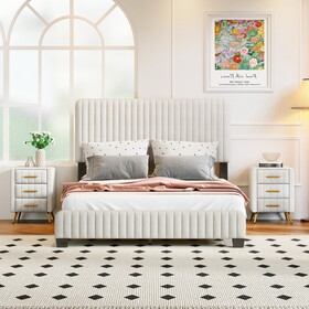 3-Pieces Bedroom Sets, Full Size Upholstered Platform Bed with Two Nightstands, Nightstands with Marbling Worktop and Metal Legs&Handles, Velvet,Beige HL000072AAA