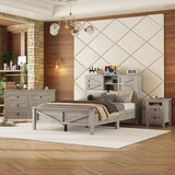 3-Pieces Bedroom Sets Full Size Farmhouse Platform Bed with Double Sliding Door Storage Headboard and Charging Station, Storage Nightstand and Dresser, Antique Gray HL000091AAG