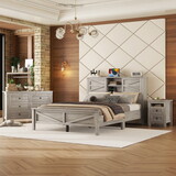 3-Pieces Bedroom Sets Queen Size Farmhouse Platform Bed with Double Sliding Door Storage Headboard and Charging Station, Storage Nightstand and Dresser, Antique Gray HL000092AAG