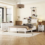 3-Pieces Bedroom Sets Queen Size Farmhouse Platform Bed with Double Sliding Door Storage Headboard, Storage Nightstand and Dresser, White+Brown HL000092AAK