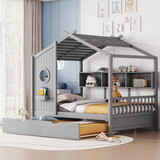 Wooden Full Size House Bed with Trundle, Modern Design for Kids with Storage Shlef, Gray HL000094AAE