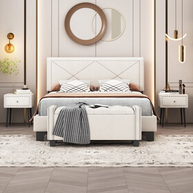 4-Pieces Bedroom Sets Queen Size Upholstered Bed Frame with Rivet Design,Nightstands and Tufted Storage Ottoman,Beige