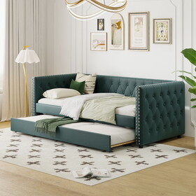 Twin Size Tufted Upholstered Daybed with Trundle, Velvet Sofabed with Rivet Design, No Box-spring Needed,Green