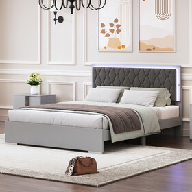 Queen Size Upholstered Bed with LED Lights,Modern Platform Bed with Velvet Headboard,Grey