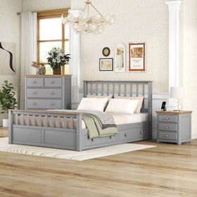 3-Pieces Bedroom Sets Queen Size Platform Bed with Nightstand(USB Charging Ports) and Storage Chest,Gray+Natrual HL000119AAE