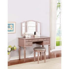 Bedroom Contemporary Vanity Set W Foldable Mirror Stool Drawers Rose Gold Color Hs00F4060-Id-Ahd