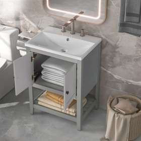 24" Grey Sleek Bathroom Vanity Elegant Ceramic Sink with Solid Wood Frame Open Style Shelf Jl000004Aae