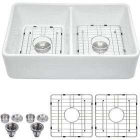 32" L x 20" W Double Basin Farmhouse Kitchen Sink with Basket Strainer Jy285T