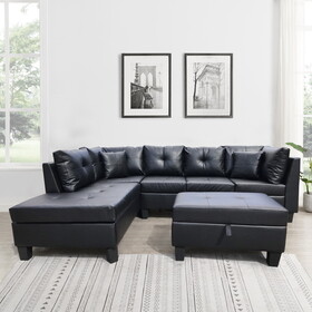 3-Piece sofa with 1 x 3-seat sofa, 1 x Left chaise lounge, 1 x storage ottoman, 7 x back cushions, 2 x throw pillows (BLACK PU) K214S00005