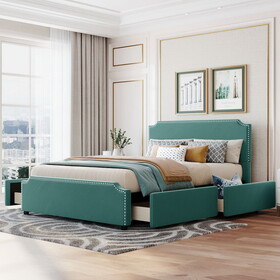 Upholstered Platform Bed with Stud Trim Headboard and Footboard and 4 Drawers No Box Spring Needed, Velvet Fabric, Queen Size (Green)