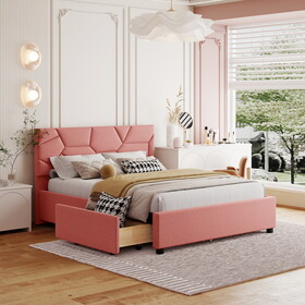 Full Size Upholstered Platform Bed with Brick Pattern Headboard and 4 Drawers, Linen Fabric, Pink