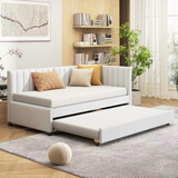Upholstered Daybed with Trundle Twin Size Sofa Bed Frame No Box Spring Needed, Linen Fabric(Beige) LP000171AAA