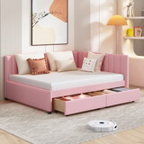 Full Size Upholstered Daybed with 2 Storage Drawers Sofa Bed Frame No Box Spring Needed, Linen Fabric (Pink) P-LP000172AAA