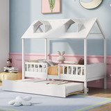 Twin Size House Bed Wood Bed with Twin Size Trundle ( White )