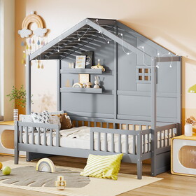 Twin Size House Bed with Shelves, House Bed with Window and Sparkling Light Strip on the Roof, Gray