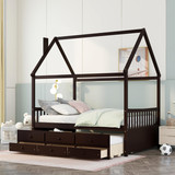 Full Size Wooden House Bed with Trundle and 3 Storage Drawers-Espresso LP000641AAP