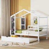 Twin Size Wood House Bed with Fence and Writing Board, White P-LP000754AAH
