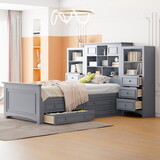 Twin Size Wood Platformbed with Vertical All-in-One Cabinet and 4 Drawers on each side, Gray P-LP000761AAE